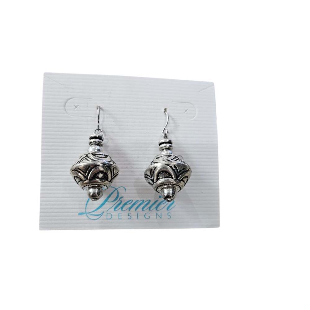 Premier Designs Silver Tone Etched Beaded Dangle Drop Earrings Boho Southwestern